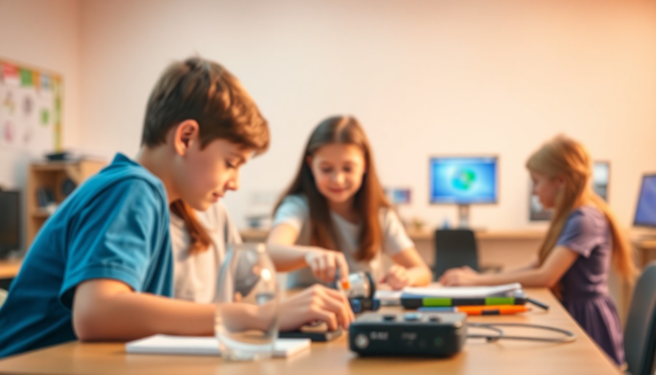 An abstract, out-of-focus photograph in warm, soft tones depicting a group of middle school students engaged in a hands-on STEM activity, with blurred shapes of classroom supplies and technology in the background, conveying the mood and concept of a community-based educational initiative.