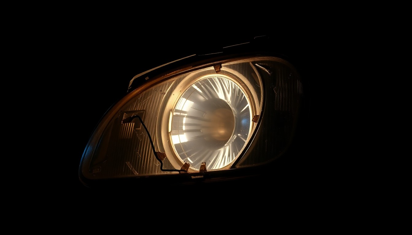 An extreme close-up of a twisted, charred car part reflecting a harsh, direct flash of light, conceptually illustrating the aftermath of a violent crash.