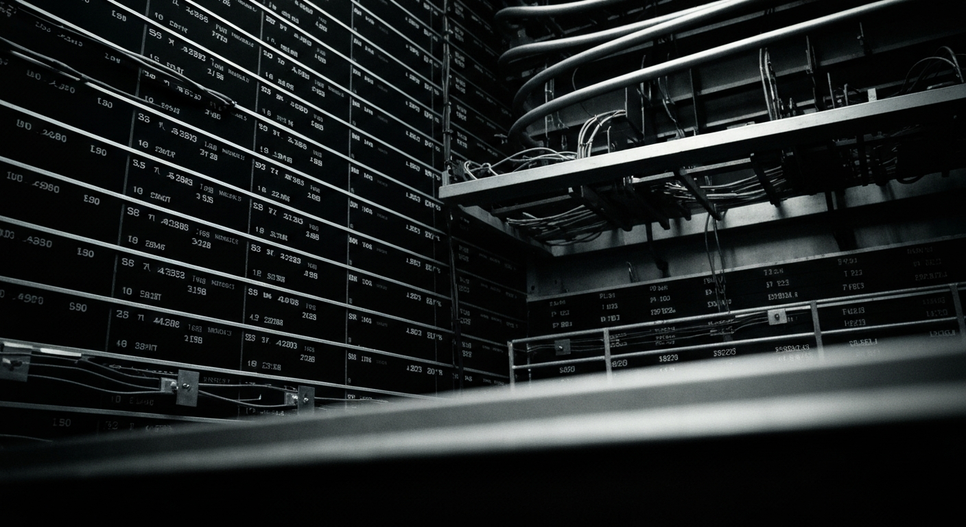 An extreme close-up of the intricate gears, circuits, and hardware that power a digital stock trading platform, rendered in a high-contrast, industrial style that conveys the complex financial systems underlying social media companies.