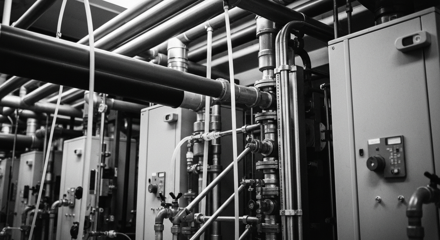 A high-contrast, black and white close-up photograph of the complex machinery and equipment used in a modern dialysis center, conveying the scale and sophistication of DaVita's operations.