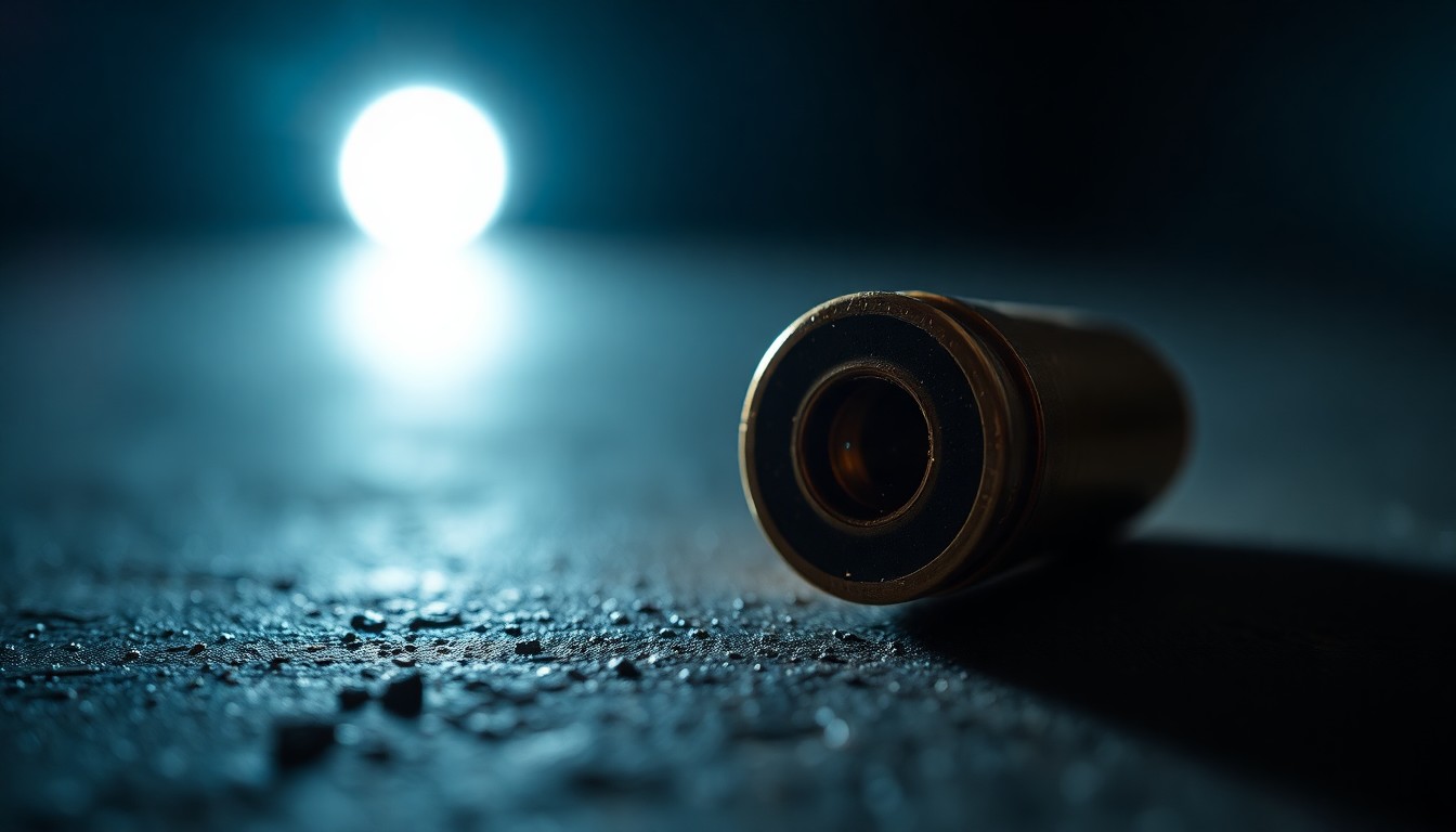 An extreme close-up photograph of a spent bullet casing on a dark, textured surface, lit by a harsh, direct camera flash, conceptually illustrating the aftermath of a campus shooting incident.