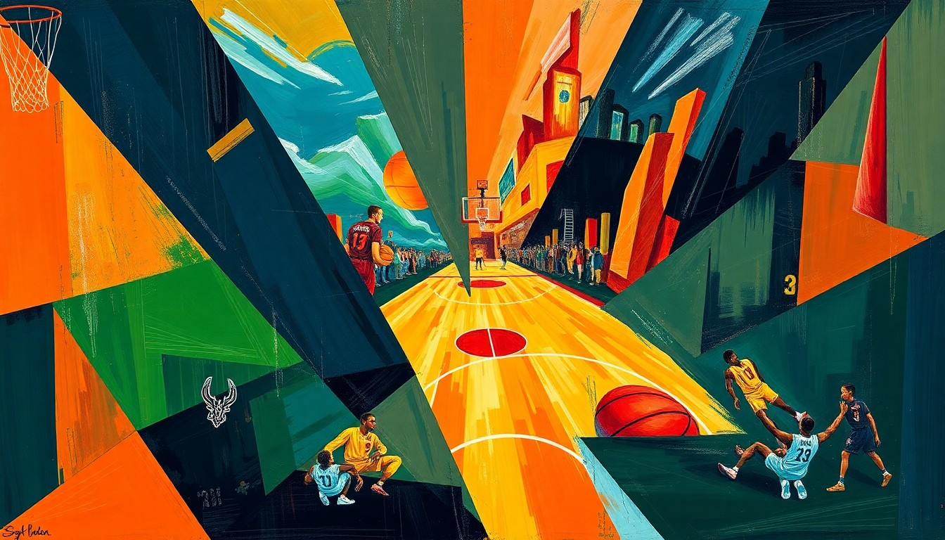 A cubist, geometric painting depicting a basketball game with overlapping planes of navy, green, and orange, capturing the contrasting styles of the Spurs and Blazers playoff matchup.