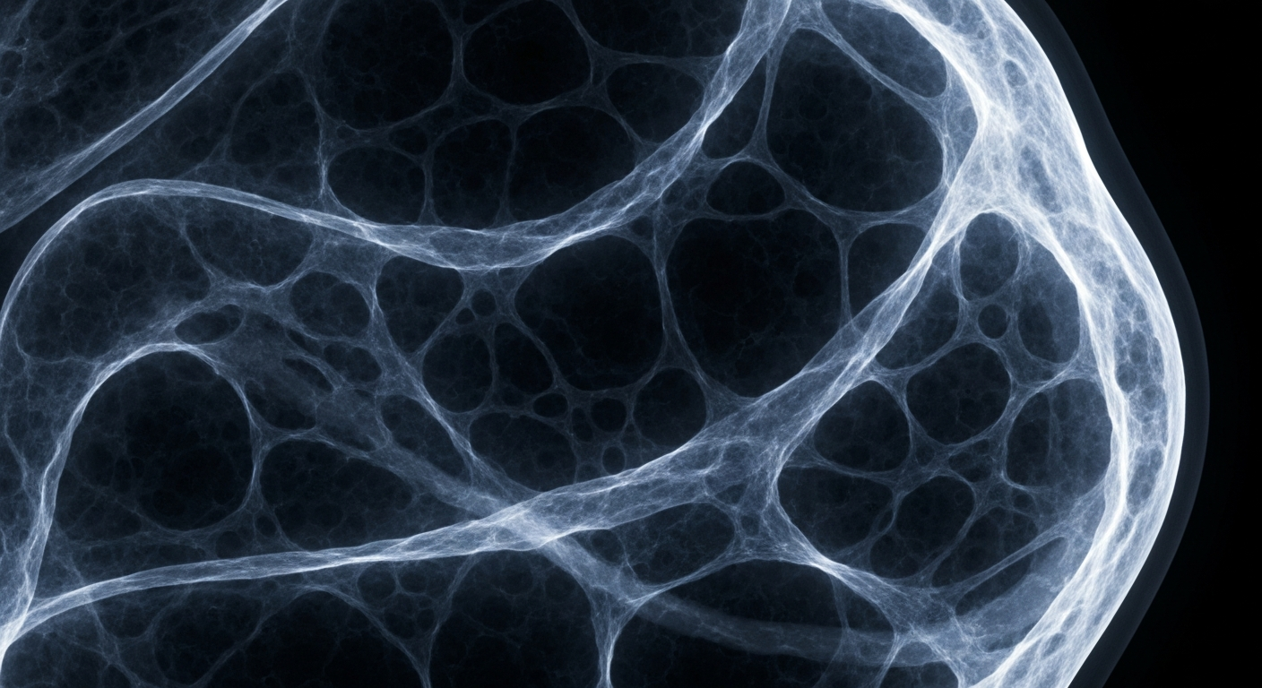 An extreme close-up X-ray photograph revealing the intricate internal structure of human fat cells, with glowing ghostly lines against a dark background, conceptually illustrating the biological mechanisms that defend the body's fat stores.