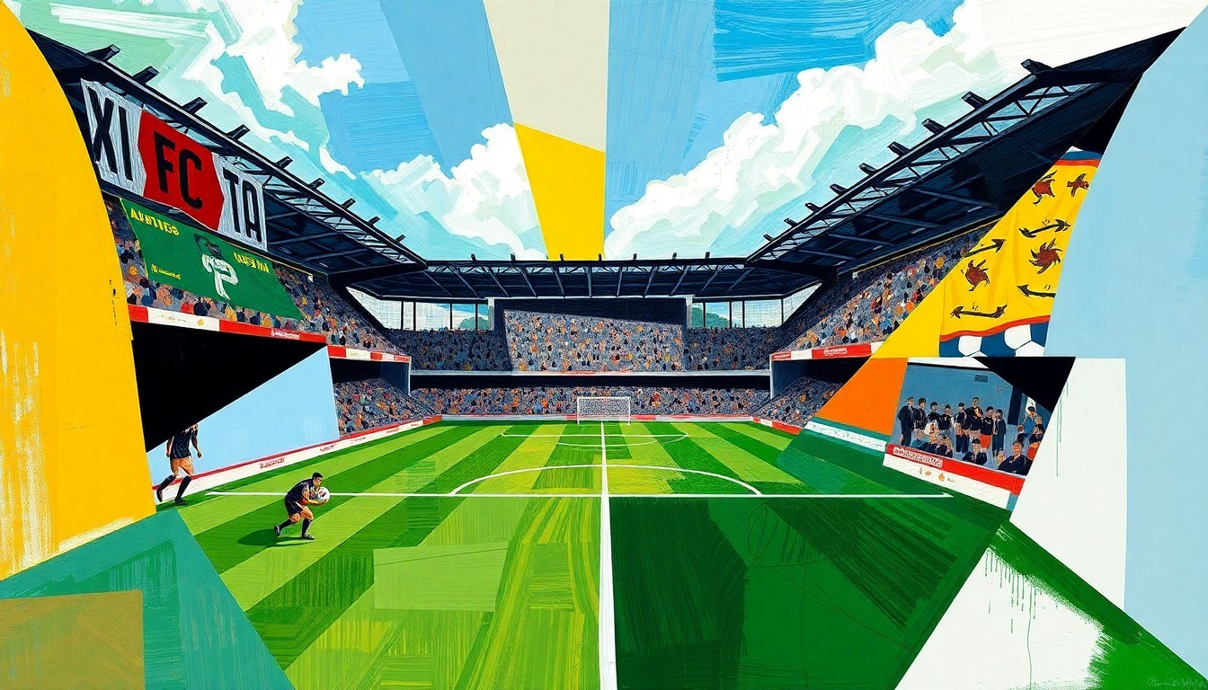 A cubist, geometric painting depicting the dynamic action of a soccer match, with overlapping shapes and planes representing the players, the ball, and the movement of the game.