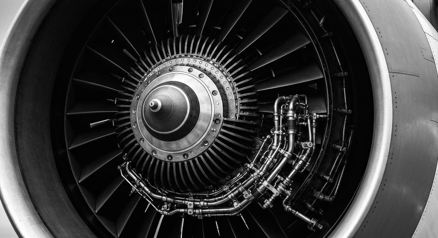 A high-contrast black and white close-up image of the intricate inner workings of an airline jet engine, representing the complex financial infrastructure of the aviation sector.