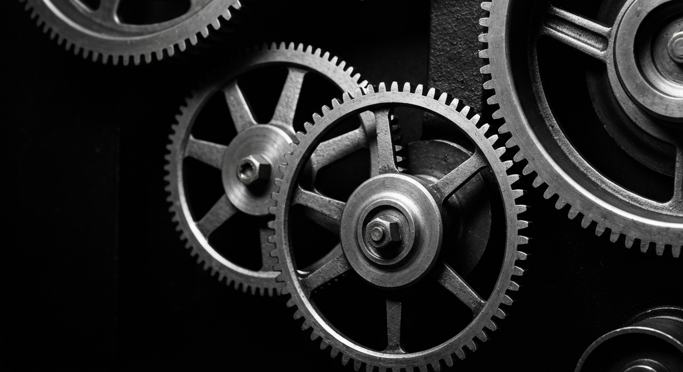 An extreme close-up of a complex network of metal gears, levers, and machinery, conceptually representing the intricate financial infrastructure and institutional systems that enable global asset management.