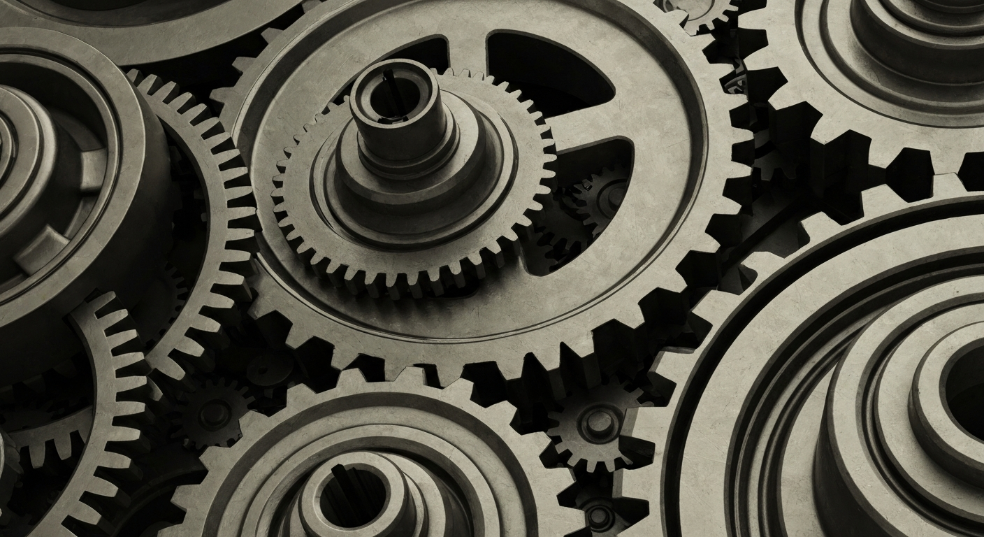 An extreme close-up of intricately connected metal gears and machinery, conveying the complex technological and financial systems underlying the semiconductor industry.