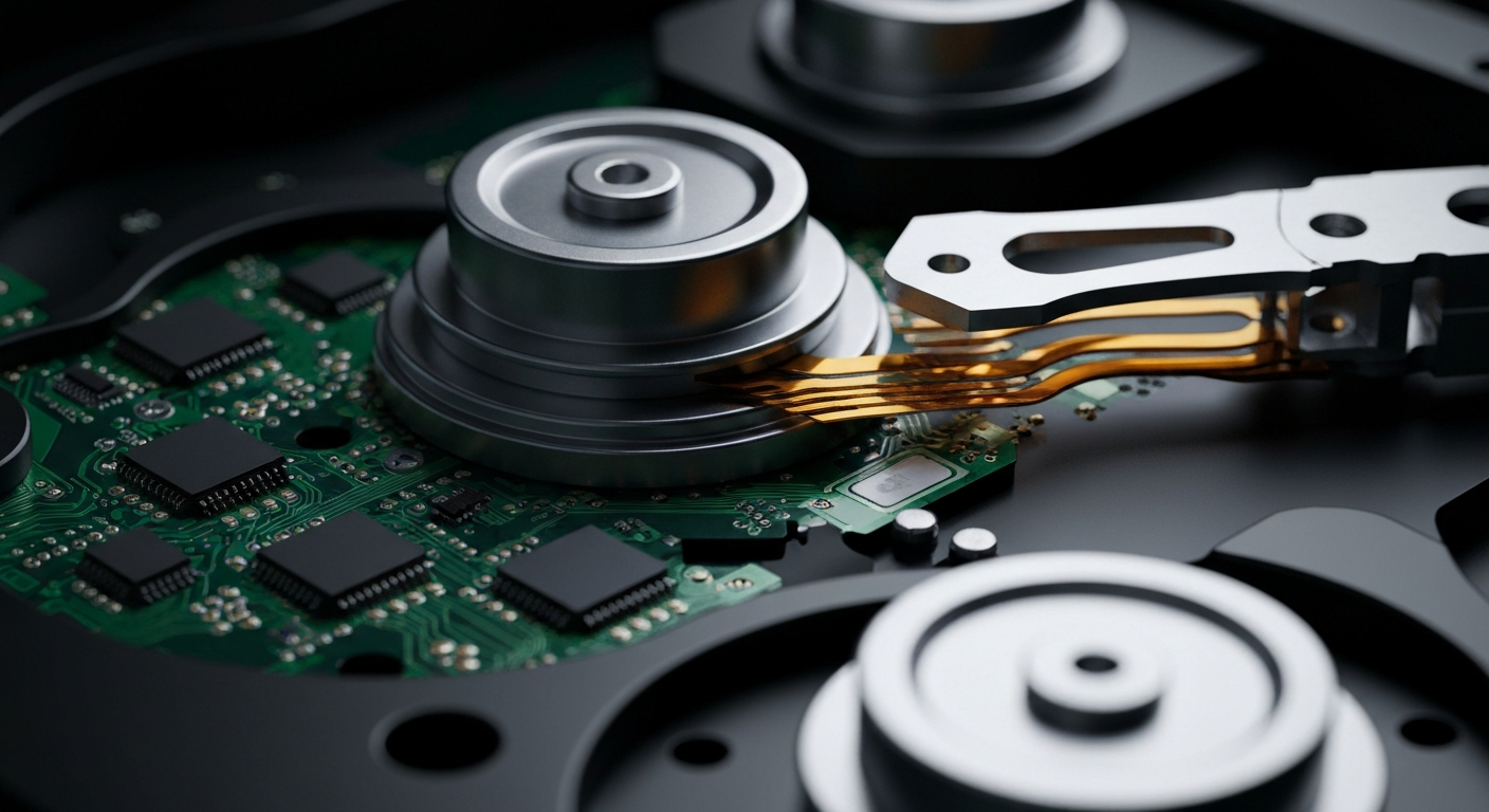 A dramatic, high-contrast close-up image of the internal components and mechanics of a computer data storage drive, conveying the physical scale and technical sophistication of modern digital infrastructure.