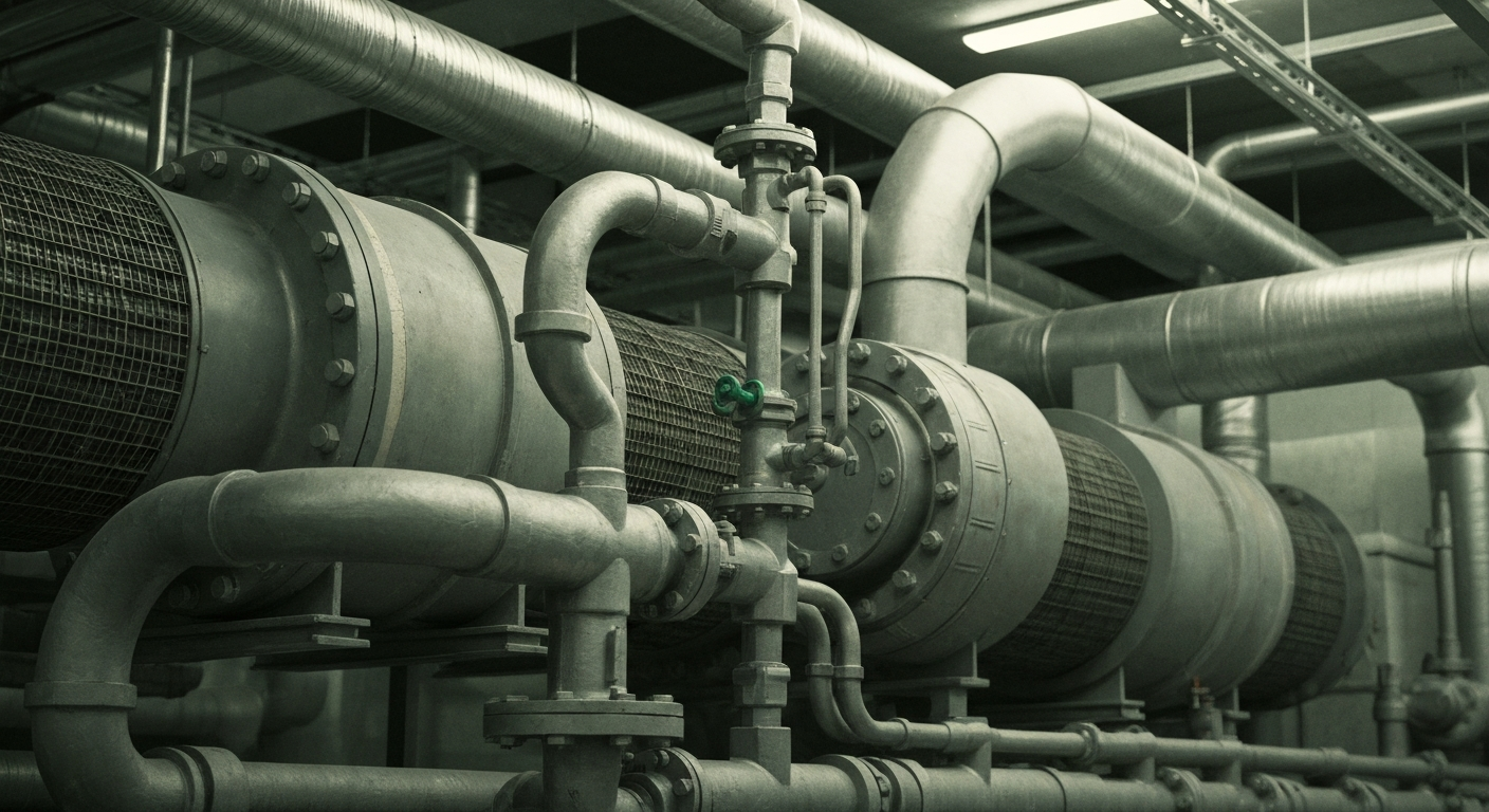 A highly detailed, cinematic close-up image of heavy, industrial plumbing and HVAC equipment, representing the tangible assets and machinery that enable a large-scale distribution business.