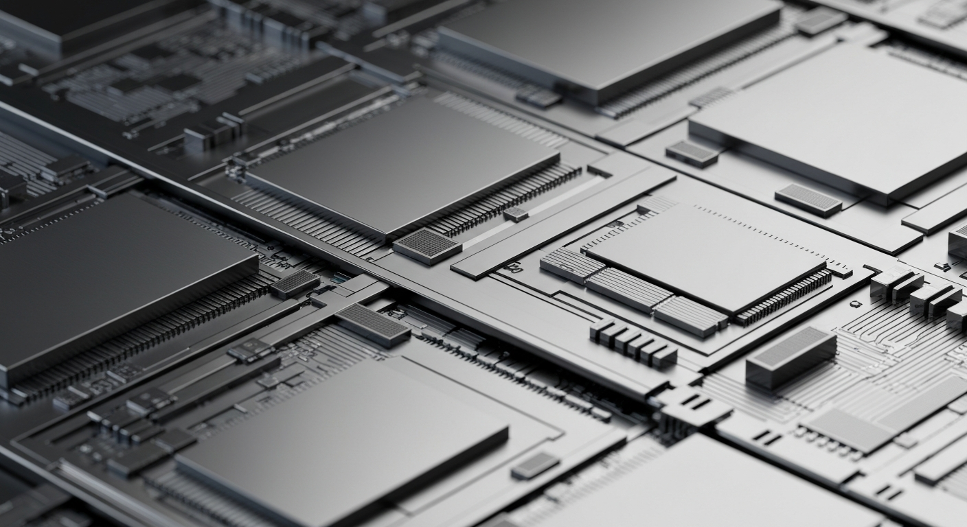 An extreme close-up of various metallic semiconductor components and circuitry, captured in a cinematic, high-contrast style that emphasizes the industrial and technical nature of modern technology manufacturing.
