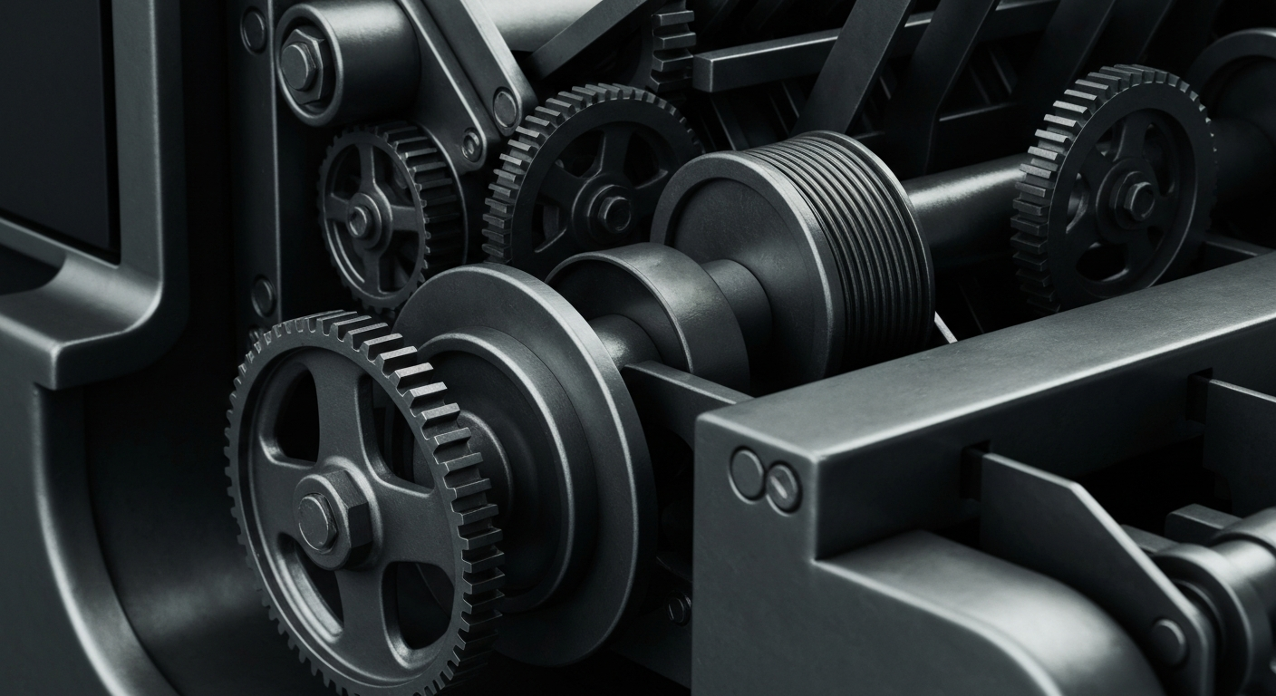 An extreme close-up of the intricate gears, pulleys, and mechanisms of an industrial cash counting machine, representing the financial infrastructure and institutional wealth management that supports the off-price retail sector.
