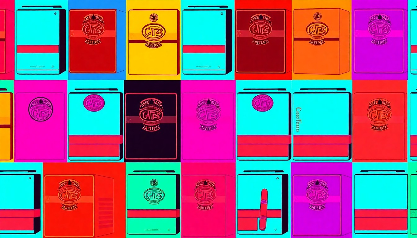 A vibrant, abstract silkscreen illustration featuring a repeating pattern of a single iconic cigar product, rendered in a bold, neon color palette with heavy black outlines, capturing the celebratory and innovative spirit of the premium cigar industry's top retail destinations.
