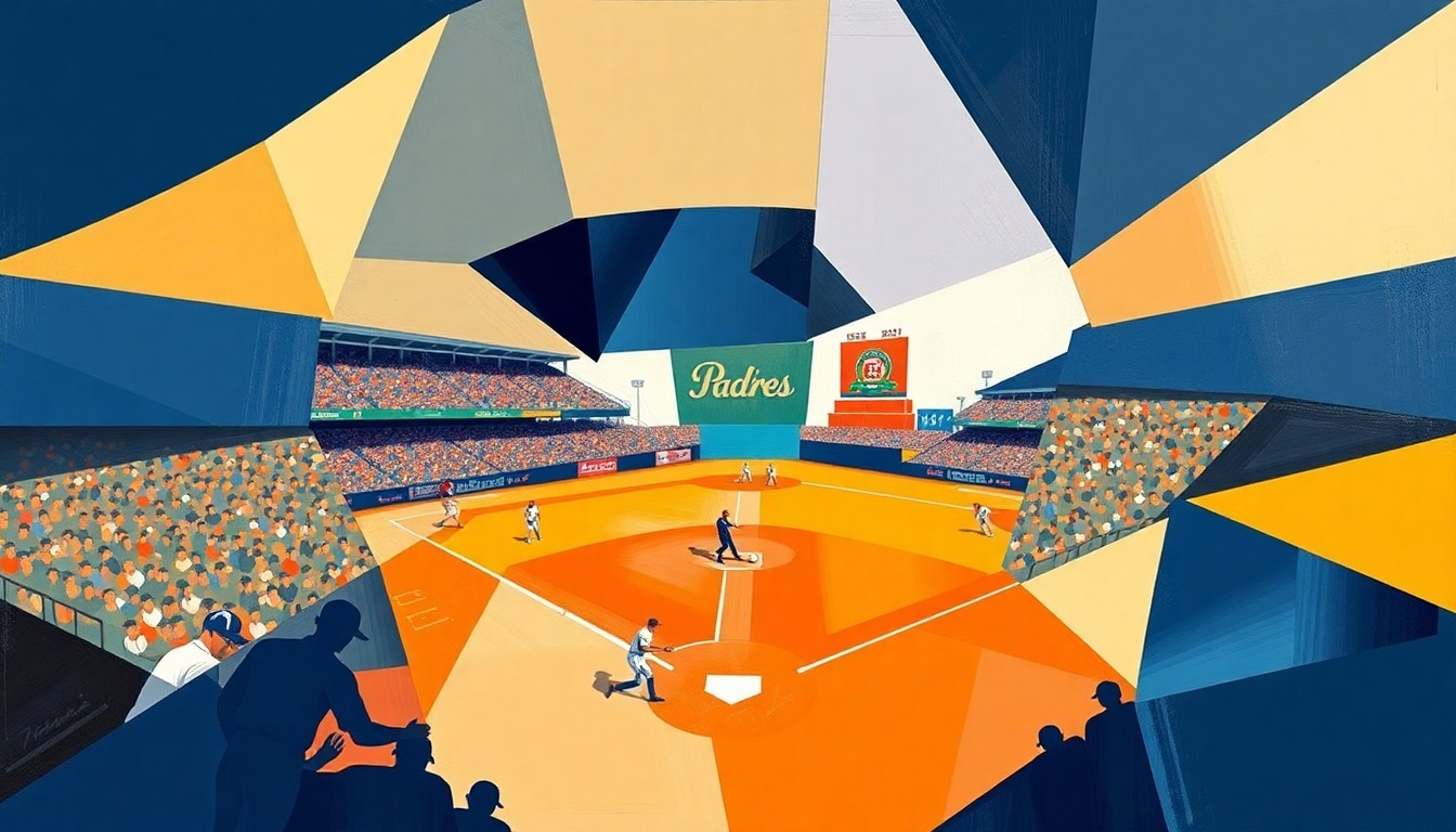 A cubist, geometric painting depicting a baseball game or competition, with sharp, overlapping planes of navy blue, sand, and orange colors representing the Padres' team colors. The fragmented, multi-perspective style conceptually illustrates the financial complexities and shifting dynamics within Major League Baseball.