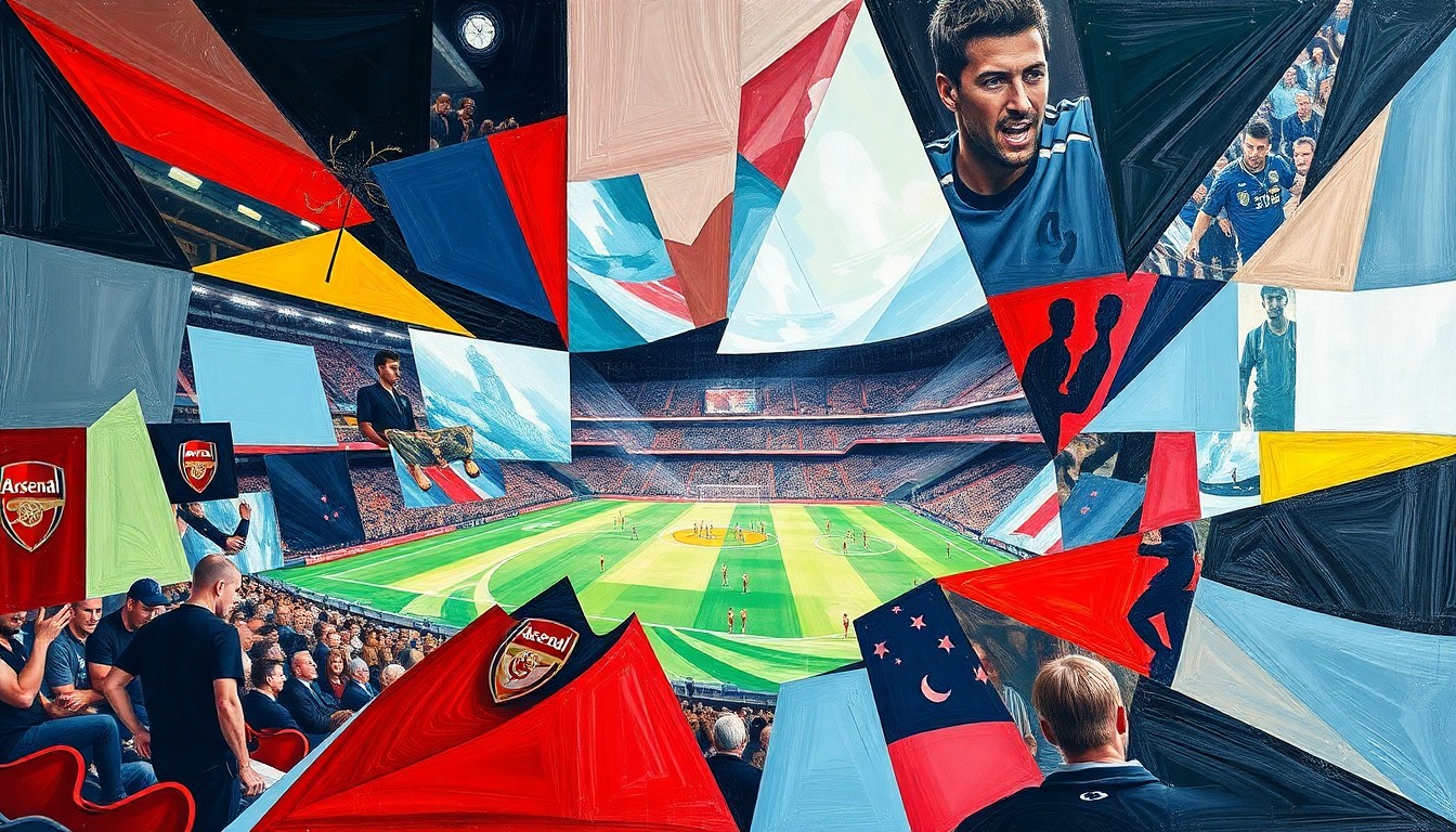 A cubist, geometric painting depicting the intensity and high stakes of a Premier League match between Arsenal and Manchester City, with fragmented, overlapping shapes and planes representing the action on the pitch.