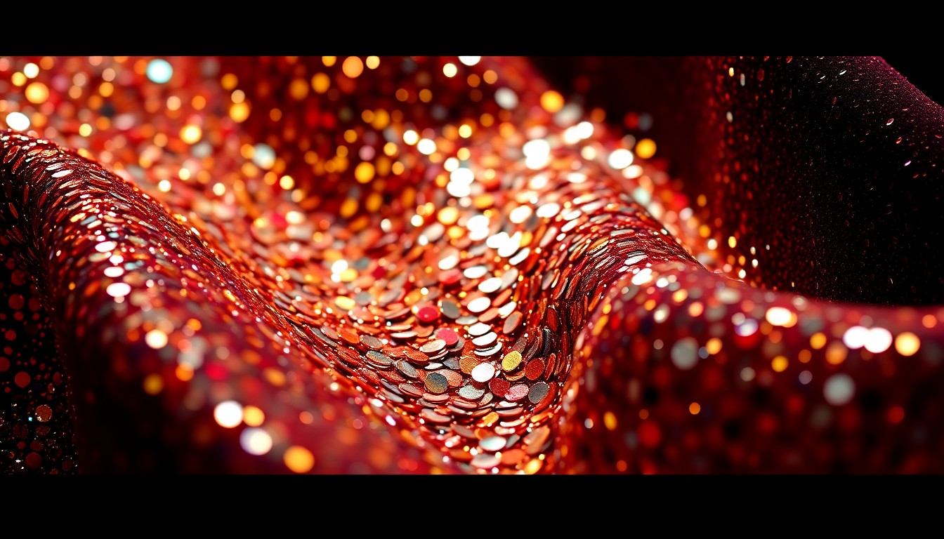 An extreme close-up photograph of rich, luxurious textures related to celebrity fashion, such as shimmering sequins, lush velvet, or shattered glass, captured in dramatic high-contrast studio lighting to create a glitzy, high-fashion aesthetic.