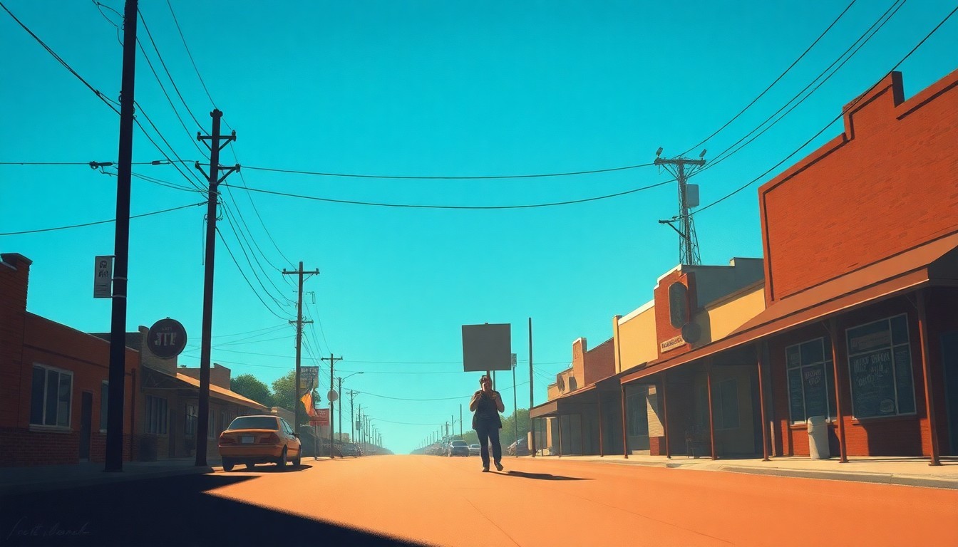 A serene, painterly scene of a lone protest sign or banner standing on a small-town Texas street, bathed in warm, golden sunlight and deep shadows, conveying a sense of solitary determination and the enduring spirit of grassroots activism.