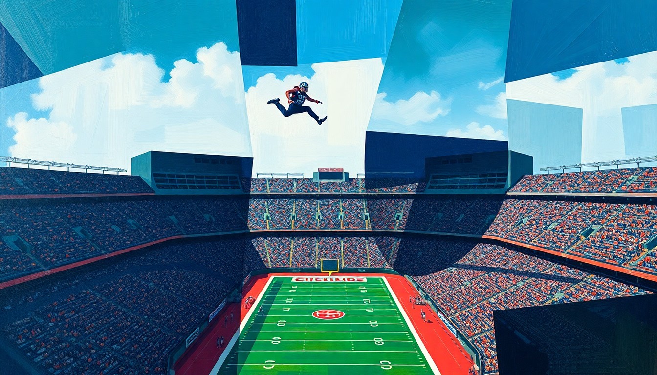A fractured, multi-perspective painting in bold, angular shapes and colors depicting a college football stadium scene with a skydiver suspended above the field, conceptually illustrating the dangerous incident.