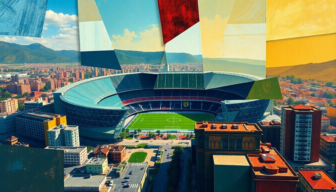 A fractured, multi-perspective painting in vibrant colors depicting the Estadio Monumental and its surrounding mixed-use development, with sharp, overlapping geometric planes representing the stadium's transformation into a cutting-edge, community-focused sports and entertainment hub.