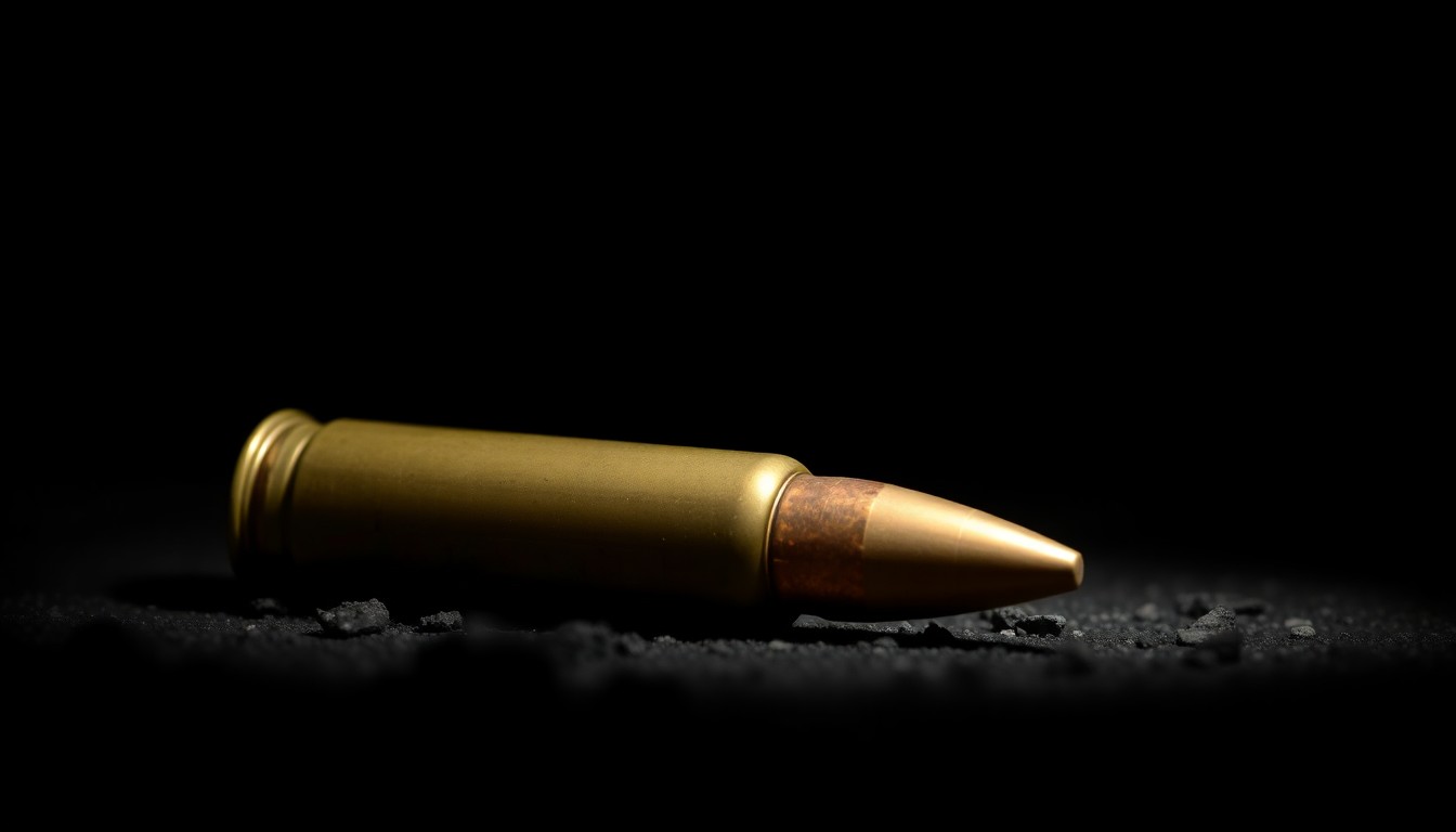 An extreme close-up photograph of a single spent shell casing lying on the ground, its metallic surface reflecting the harsh light of the camera flash, conceptually illustrating the aftermath of a shooting incident.