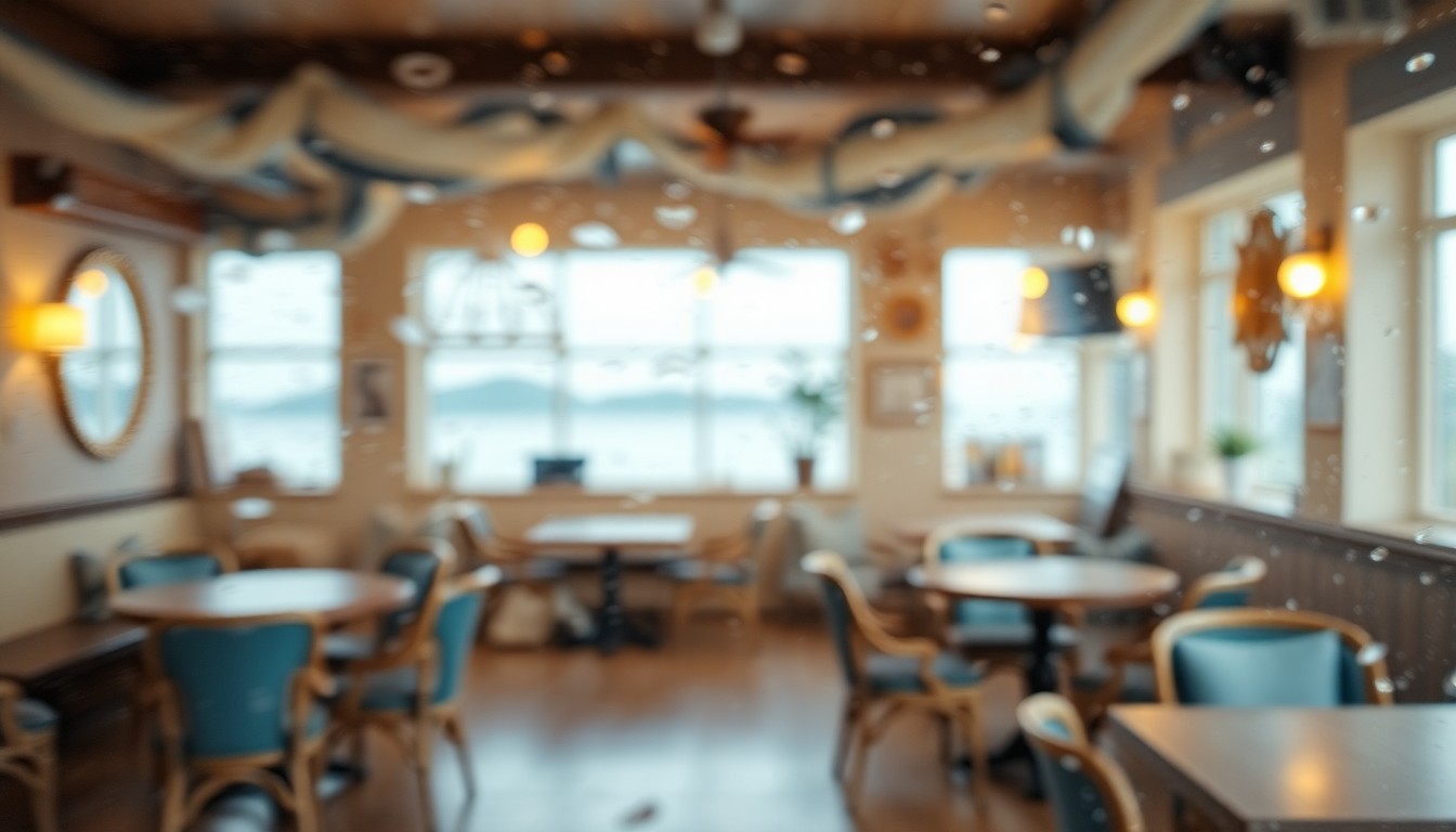 An abstract, out-of-focus scene featuring soft, swirling brushstrokes of blue, white, and tan, conceptually representing the warm, inviting atmosphere of a nautical-themed café.