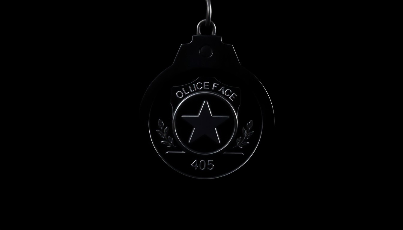 An extreme close-up photograph of a police officer's badge or handcuff, lit by a harsh, direct camera flash against a pitch-black background, creating a stark, gritty, investigative aesthetic.