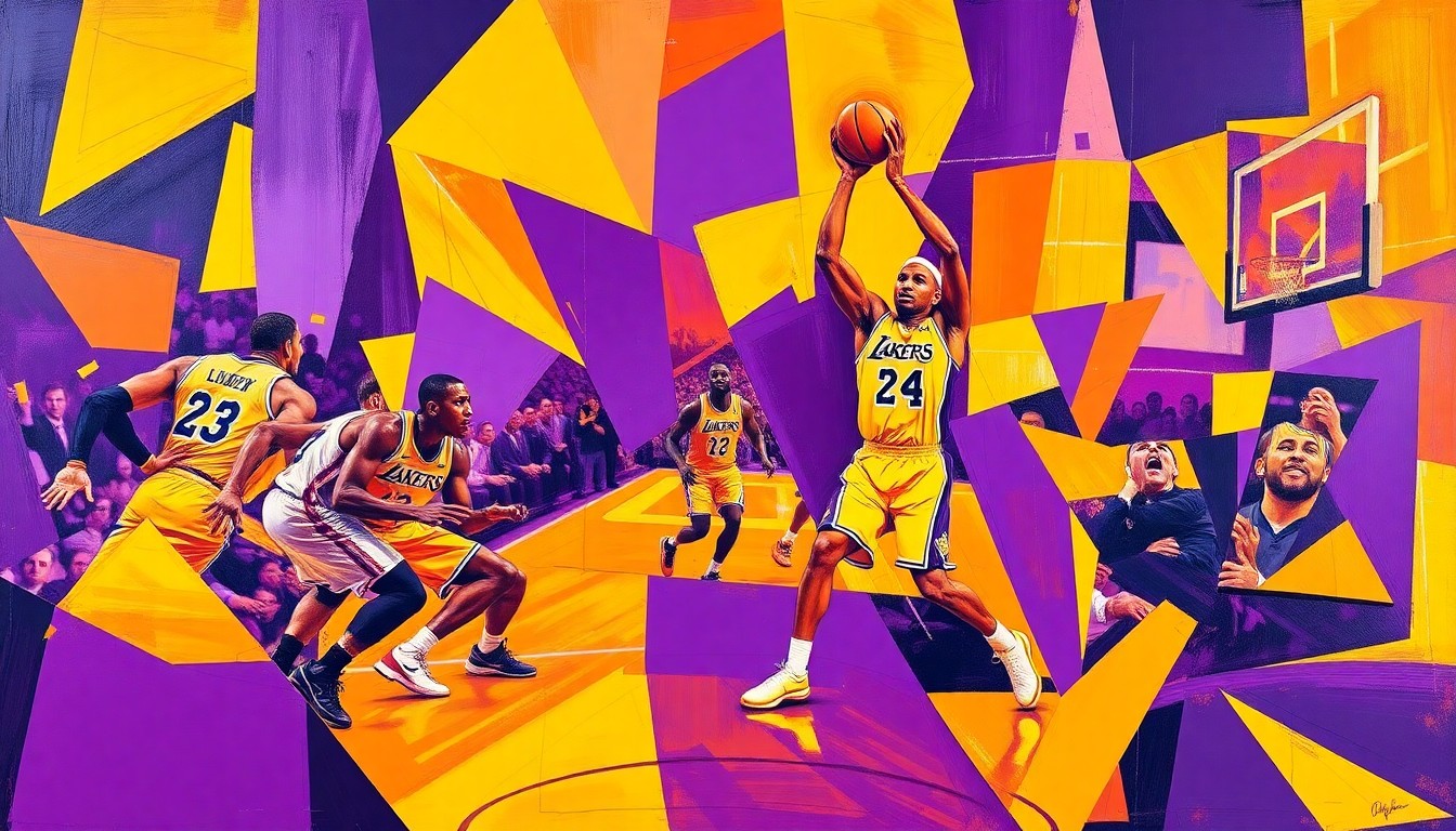 A fragmented, geometric painting in shades of purple and gold, depicting the dynamic movements and energy of a Lakers basketball game.