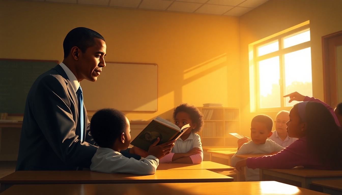 A warm, cinematic painting depicting former President Obama and New York City Mayor Mamdani reading to a group of preschoolers in a sunlit classroom, capturing the collaborative spirit of their meeting.