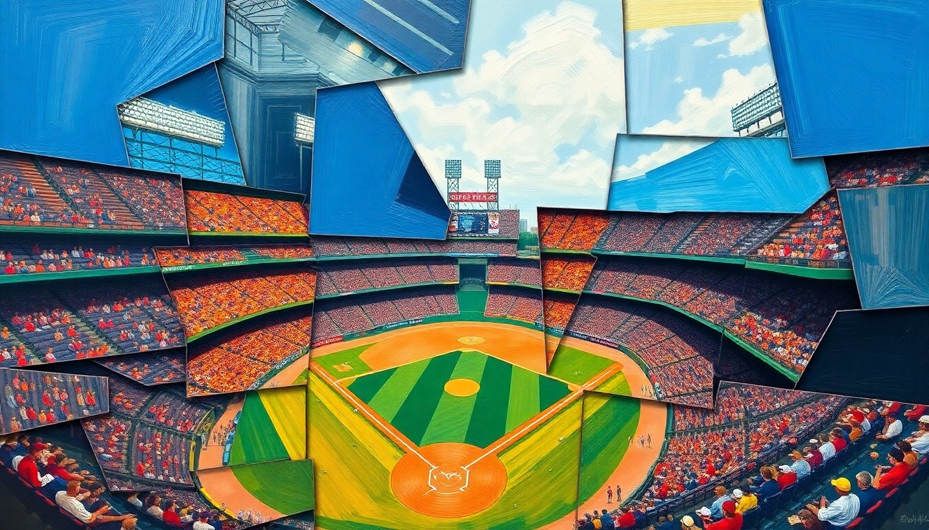 A cubist, geometric painting depicting a fractured, multi-perspective view of a baseball stadium, players, and fans, rendered in vibrant colors like royal blue, crimson red, and golden yellow, conceptually representing the complex financial and labor dynamics surrounding the record-breaking sale of the San Diego Padres.