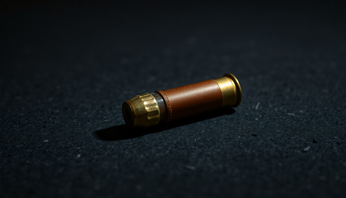 An extreme close-up photograph of a single spent shell casing on a dark concrete surface, lit by a harsh, direct camera flash, conceptually illustrating the sudden violence of the shooting incident.