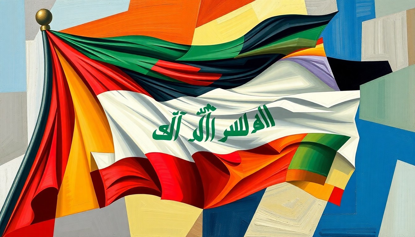 A dynamic, abstract painting with overlapping, fractured geometric shapes in shades of red, green, and black, conceptually representing the defiant Iraqi resistance against US efforts.