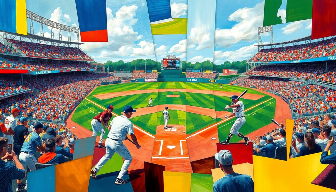 A cubist, geometric painting depicting a college baseball game, with players, bats, and the field broken down into sharp, overlapping planes of vibrant colors representing the teams' uniforms and stadium environment.