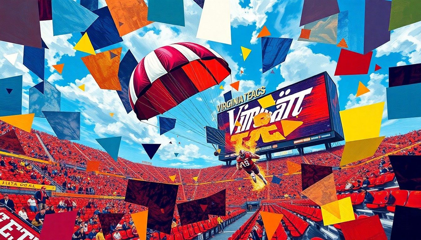 A cubist, geometric painting depicting the parachuter's collision with the Virginia Tech scoreboard, with sharp, overlapping planes of color representing the chaotic incident and the energy of the spring game setting.