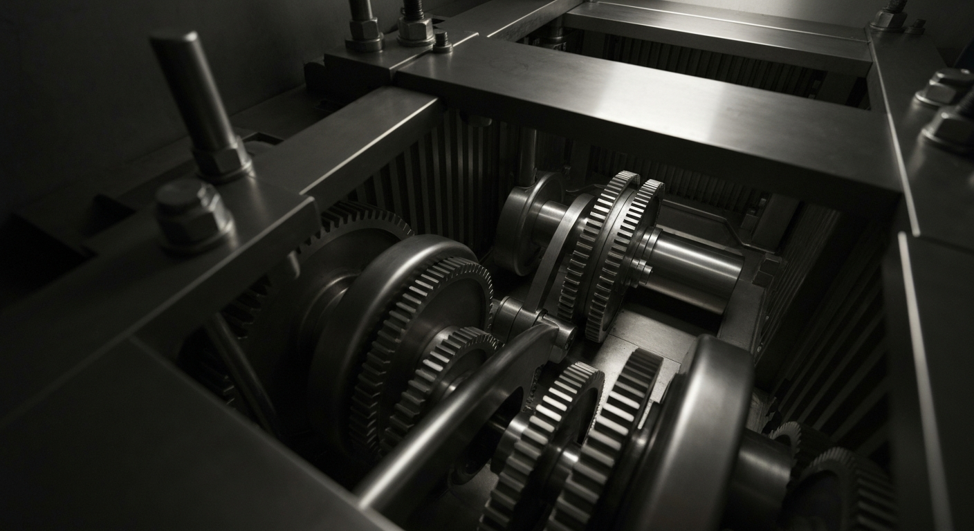 An extreme close-up of the heavy, industrial machinery and mechanisms of a banking vault, conveying the secure, institutional nature of financial investments without using any literal currency or financial symbols.