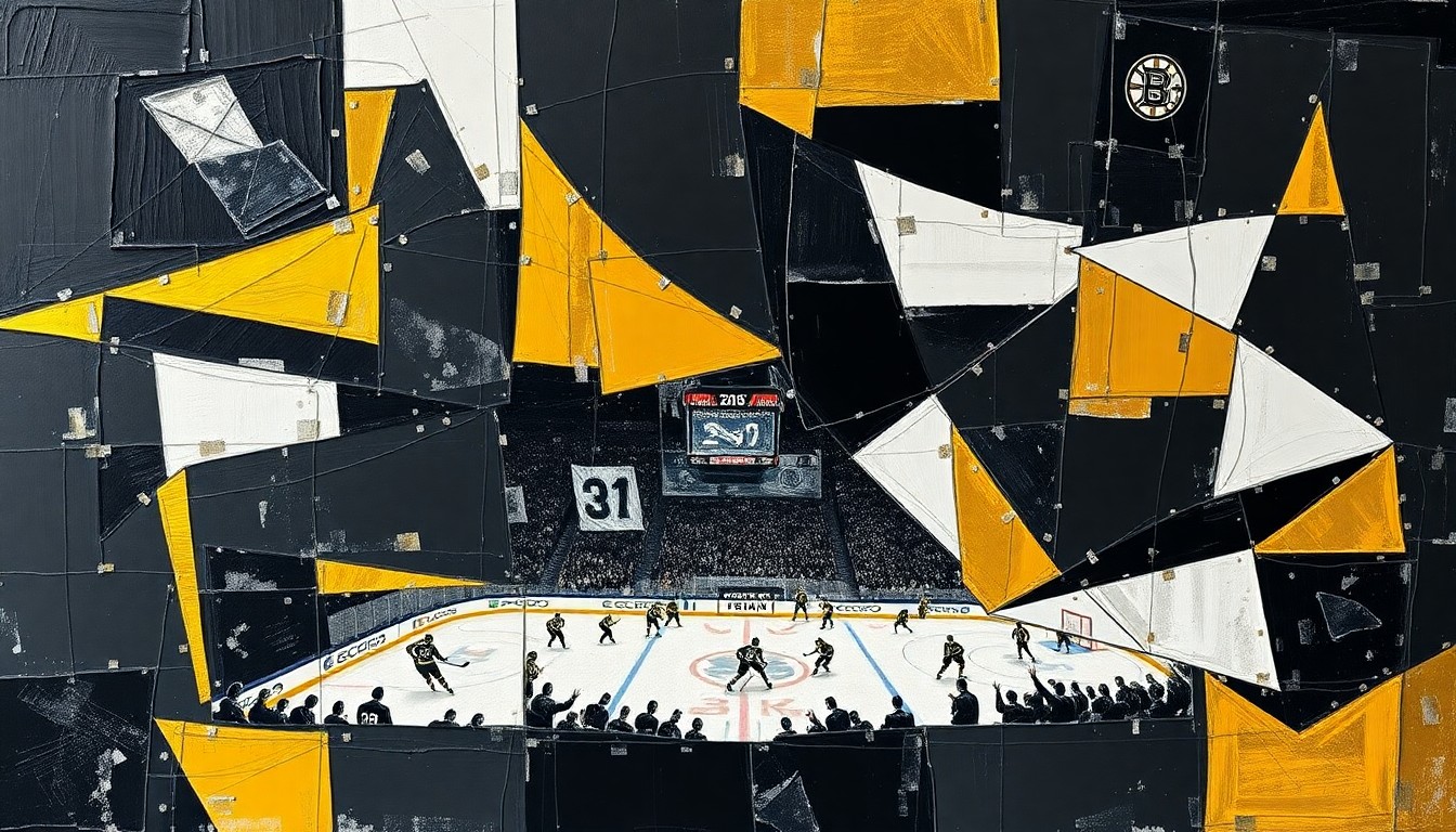 A cubist, geometric painting depicting a Bruins hockey game, with sharp, overlapping planes of black, gold, and white representing the team's physical, high-energy style of play.