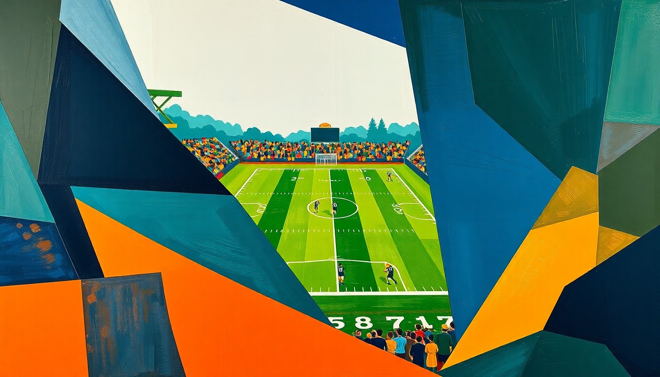 A cubist, geometric painting depicting a football game, with sharp, overlapping planes of navy, green, and orange representing the action on the field.