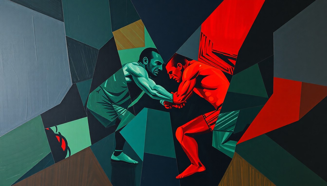 A fractured, cubist-style painting depicting the chaotic energy of a wrestling or combat sports match, with sharp geometric shapes and planes in deep navy, forest green, and crimson red overlapping to create a sense of dynamic movement and intensity.