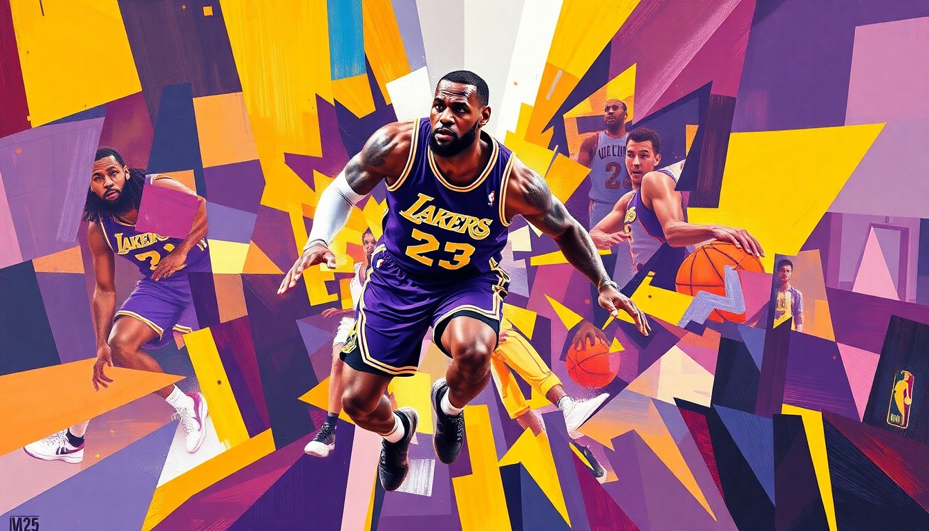 A cubist, geometric illustration depicting the dynamic movements and plays of an aging but still dominant LeBron James on the basketball court, with his Lakers jersey colors of purple and gold prominently featured.