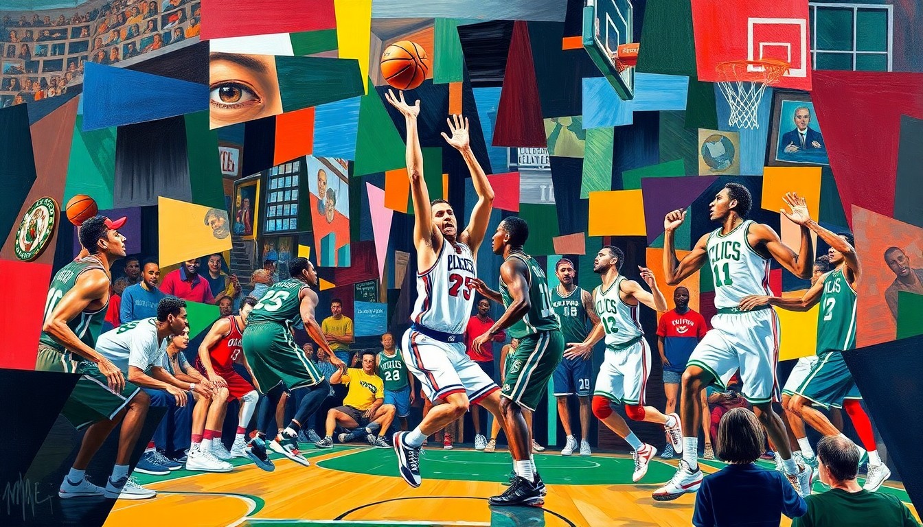 A cubist, geometric painting depicting a basketball game or playoff action, with sharp, overlapping planes of color representing the 76ers and Celtics uniforms, conveying the intensity and energy of the matchup.