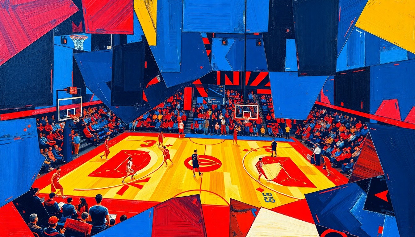 A cubist-style painting depicting fragmented, geometric shapes in navy, crimson, and gold, representing the dynamic action and energy of a college basketball game.