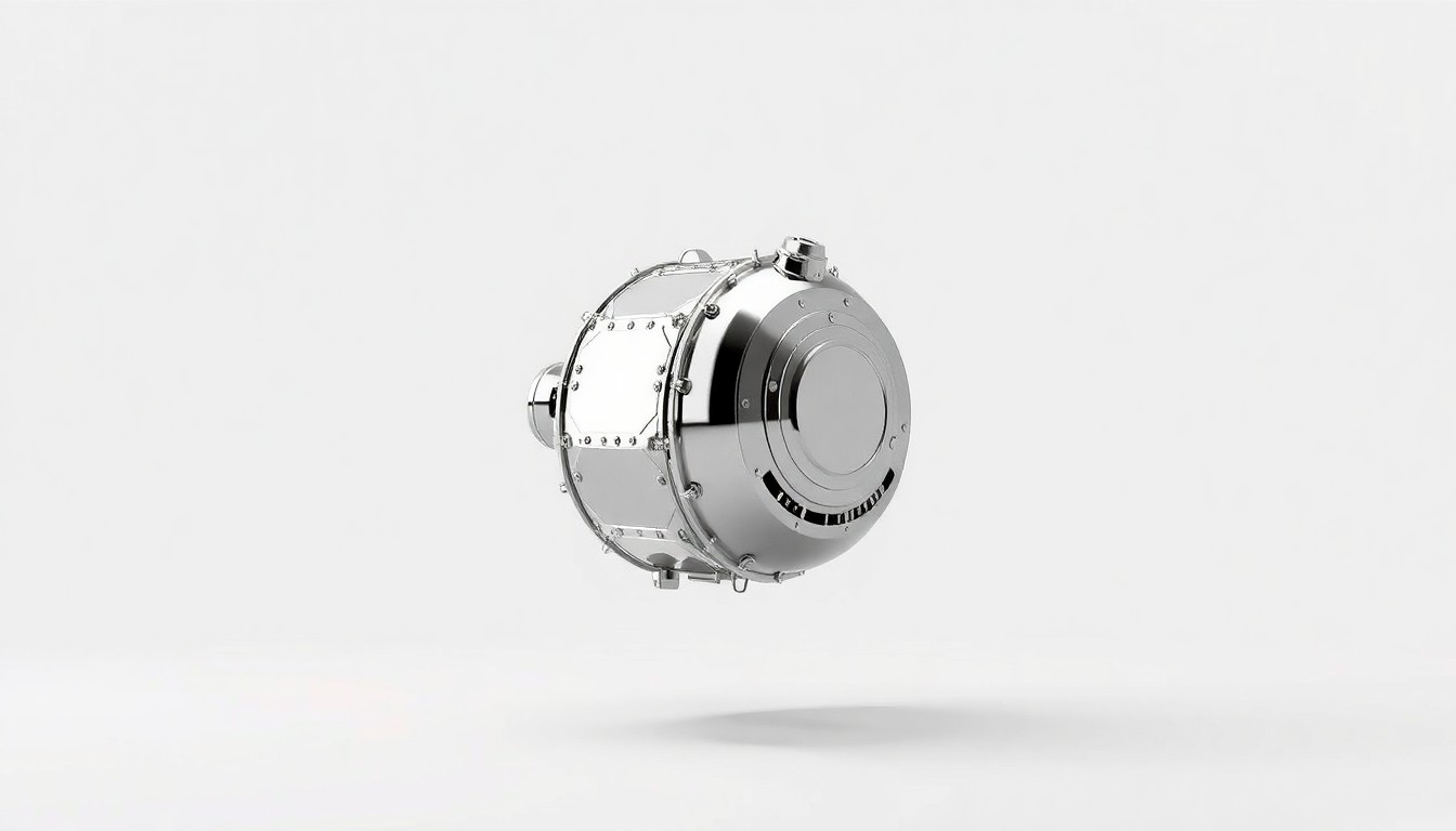 A photorealistic studio photograph of a polished metal model of a satellite or aerospace component, floating on a clean, monochromatic background and illuminated by dramatic studio lighting, representing the advanced technologies of the defense and aerospace sector.