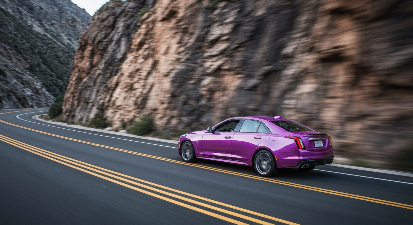 An abstract, impressionistic image of a Cadillac sedan in motion, with the car's body blurred into streaks of vibrant color against a dramatic, rocky landscape backdrop.
