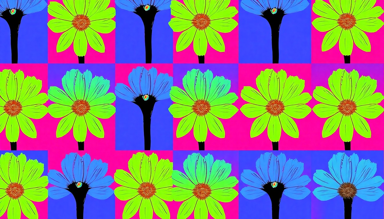 A bold, colorful silkscreen-style illustration featuring a repeating grid of stylized Siberian squill flowers in shades of blue, purple, and green, conceptually representing the plant's aggressive spread and impact on local ecosystems.