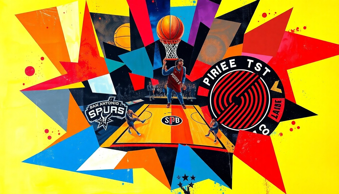 A fractured, cubist-style painting depicting the action of a basketball game, with sharp geometric shapes and planes in the official team colors of the San Antonio Spurs and Portland Trail Blazers, conceptually representing the strategic battle between the two squads.