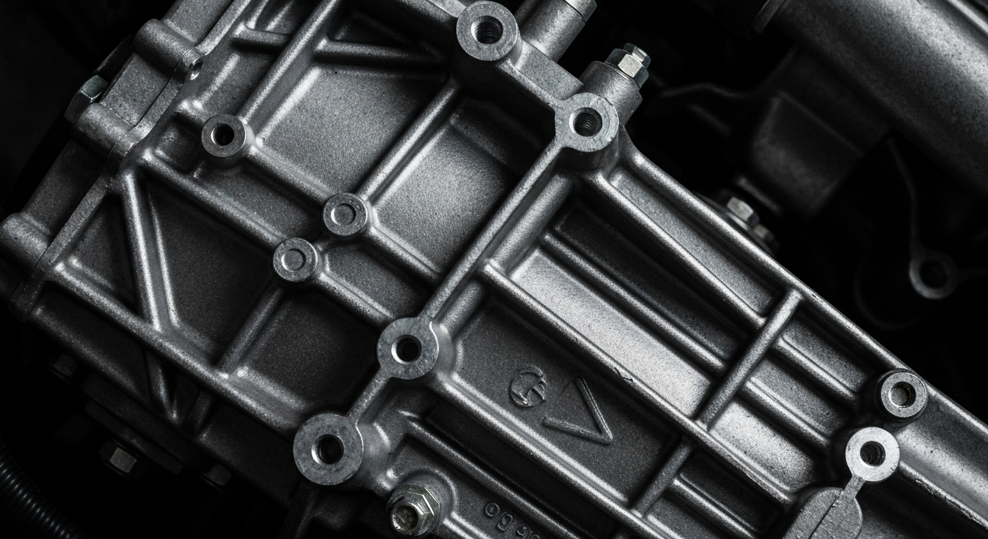 An extreme close-up photograph showcasing the textured, patterned surface of a car's engine block or transmission, captured in a dramatic, artistic style that emphasizes the complexity and precision of automotive engineering.
