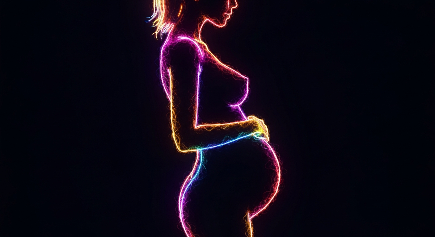 A minimalist, neon-outlined silhouette of a pregnant woman against a dark background, conveying the extraordinary nature of extended human pregnancies.