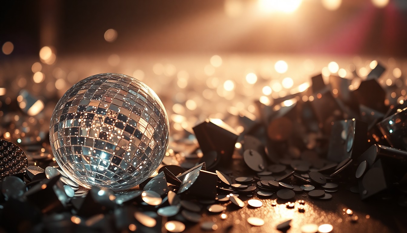 An extreme close-up photograph of shimmering sequins and shattered glass, capturing the luxurious, high-energy aesthetic of a major music festival.