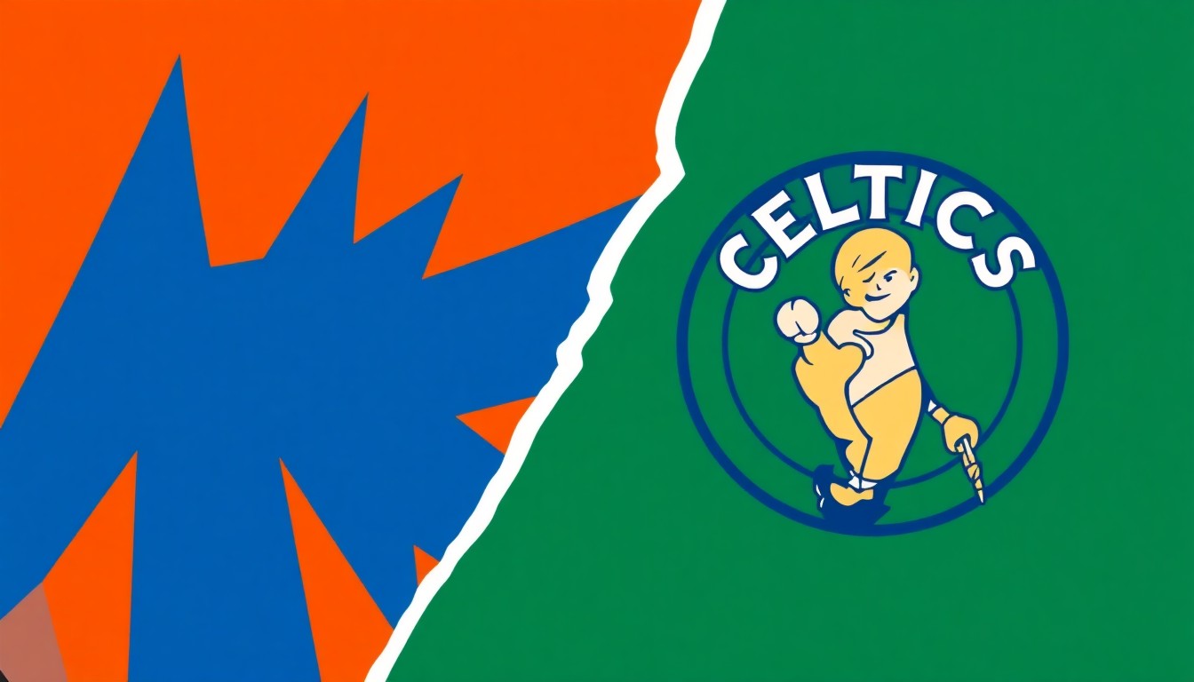 A dynamic, abstract composition of angular, interlocking shapes in deep blue, bright orange, and crisp white, conceptually representing the heated rivalry between two basketball teams.