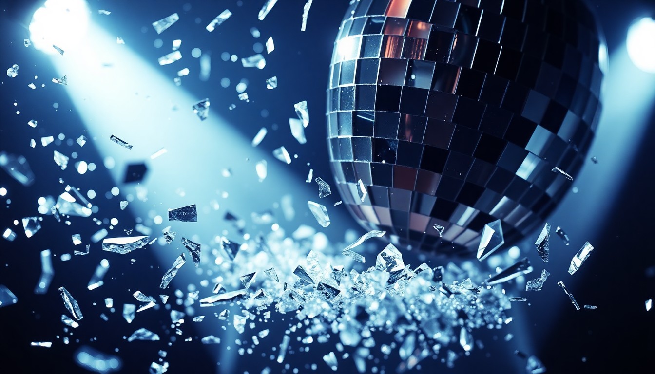 An extreme close-up of shattered, glittering disco ball glass reflecting dramatic studio lighting, conceptually representing the lost opportunity and missed potential of Elvis Presley's almost-performance at the iconic Steel Pier.