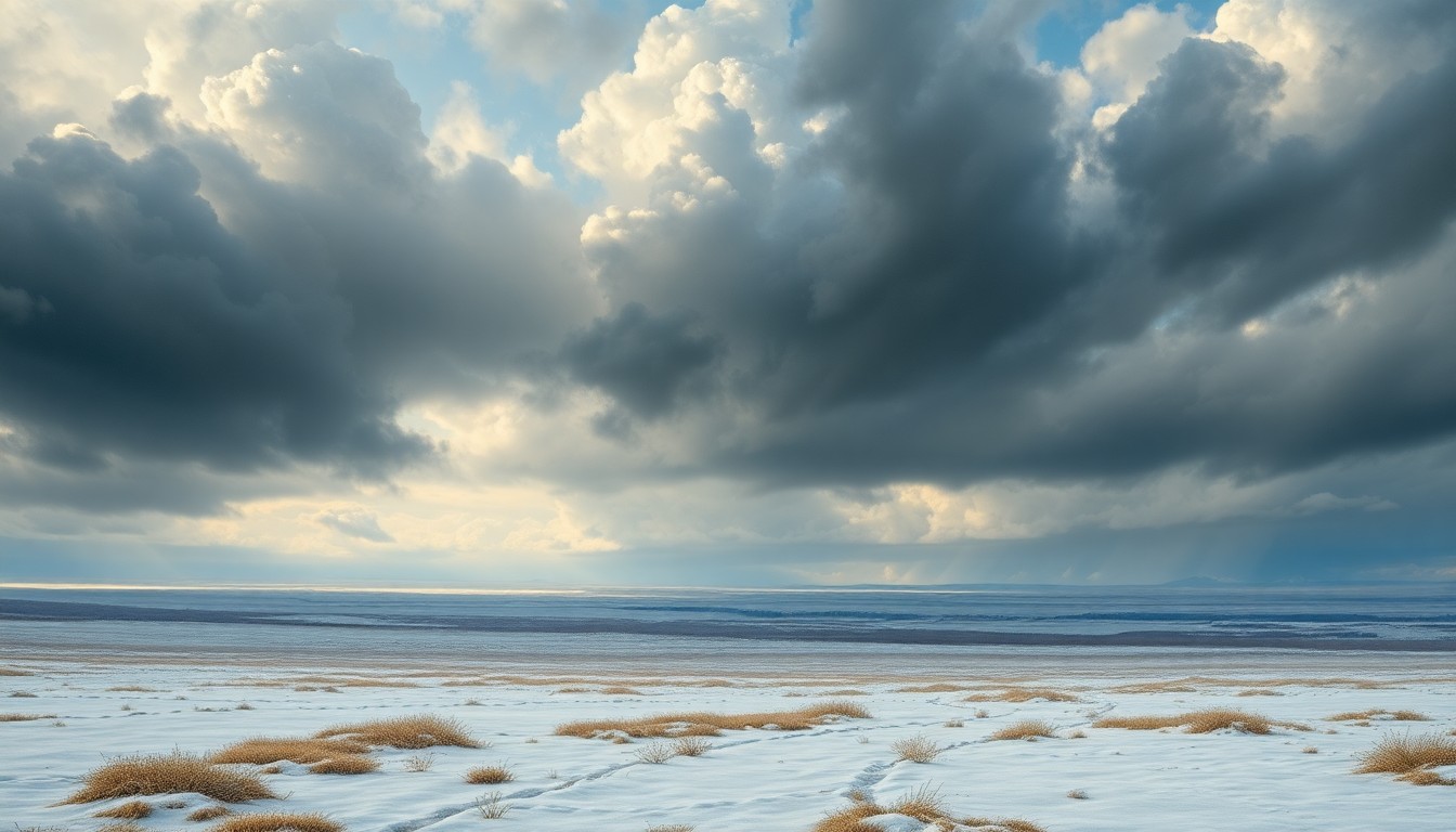 A sweeping landscape painting in muted tones of blue, gray, and white, depicting a vast, frozen field under a dramatic, cloudy sky. The scene conveys a sense of the overwhelming power and scale of the natural environment, with any physical structures or objects barely visible in the distance.