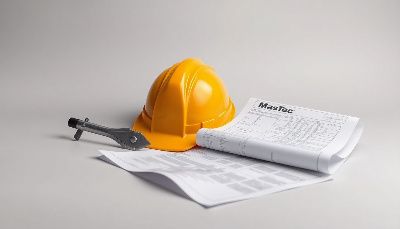 A photorealistic studio still life featuring a polished metal construction tool, hardhat, and blueprint on a clean, monochromatic background, conveying the core business of infrastructure construction company MasTec.